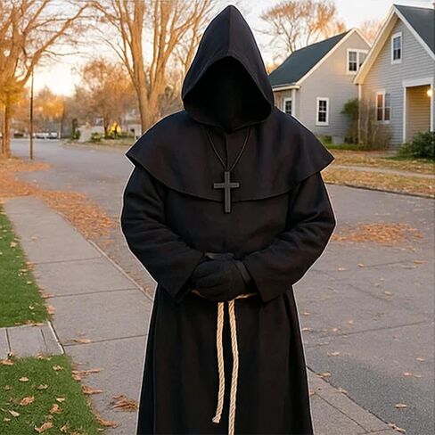 Halloween Men Friar Medieval Renaissance Monk Robe Priest Hooded Cloak Costume Cosplay for Adult in Saudi Arabia