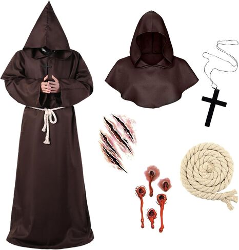 Halloween Men Friar Medieval Renaissance Monk Robe Priest Hooded Cloak Costume Cosplay for Adult in Saudi Arabia