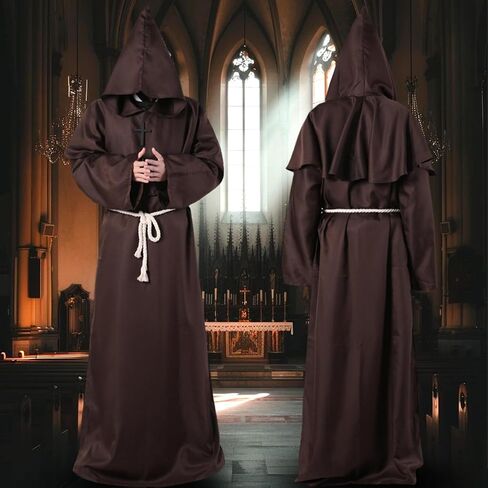 Halloween Men Friar Medieval Renaissance Monk Robe Priest Hooded Cloak Costume Cosplay for Adult in Saudi Arabia