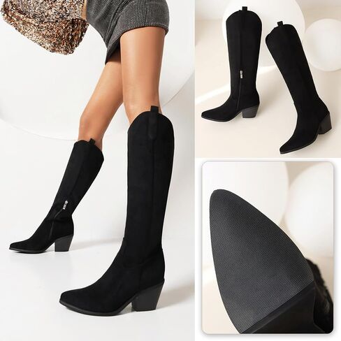 Reitoye Cowboy Boots for Women Embroidery Western Cowgirl Knee High Chunky Heel Boots with Pull-Up Tabs in Kuwait