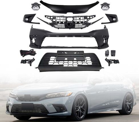 طقم غطاء المصد الأمامي Civic يناسب 2022 2023 2024 Hon-da Civic Si، LX، EX، Touring، Sport Sedan مع شبكة علوية وشبكة سفلية ومصابيح ضباب - مجموعة كاملة للجسم in Kuwait