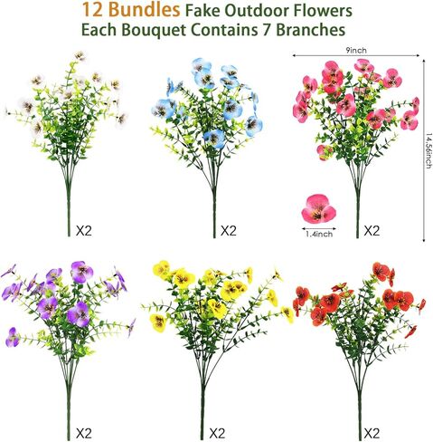 MACTING Fall Artificial Flowers for Outdoors 12 Bundles Fake Pansies UV Resistant Outdoor Faux Plants Plastic Greenery Shrubs for Planters Garden Patio Porch Balcony Outside Autumn Thanksgiving Decor in Kuwait