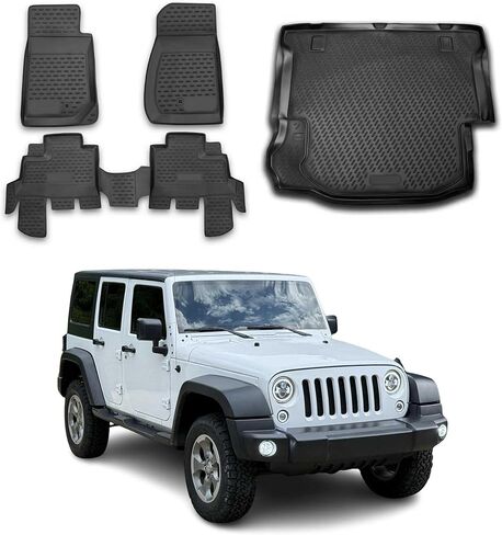 OMAC سجادات أرضية لسيارة Jeep Wrangler 2007-2013 4 أبواب سيارة لجميع الأحوال الجوية 3D مخصصة تناسب المطاط حصيرة مقاومة للماء عديم الرائحة TPE بطانات أرضية قياس بالليزر غير قابلة للانزلاق (أسود) in Kuwait