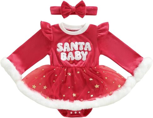 Baby Girl Christmas Outfit Newborn Infant Long Sleeve Romper Dress with Headband in Saudi Arabia