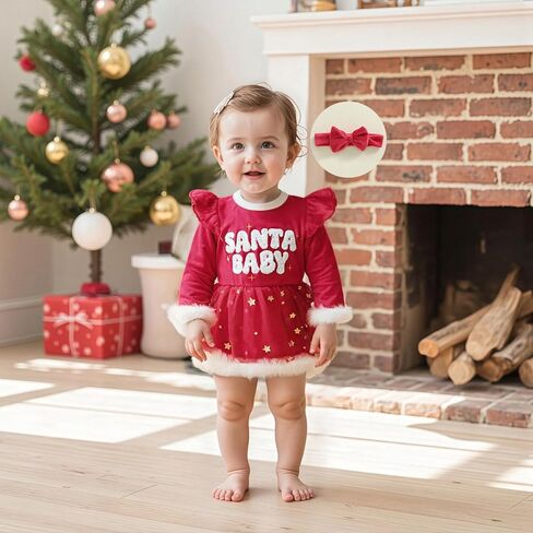 Baby Girl Christmas Outfit Newborn Infant Long Sleeve Romper Dress with Headband in Saudi Arabia