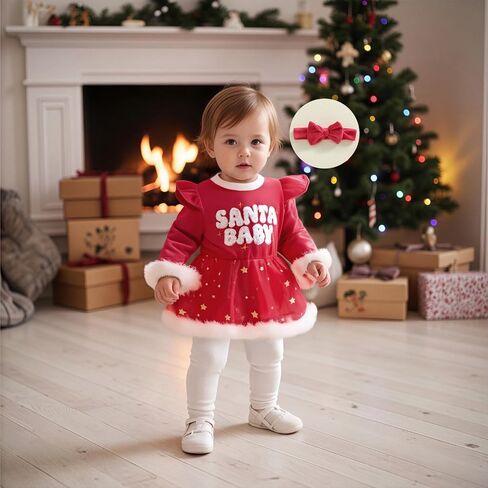 Baby Girl Christmas Outfit Newborn Infant Long Sleeve Romper Dress with Headband in Saudi Arabia