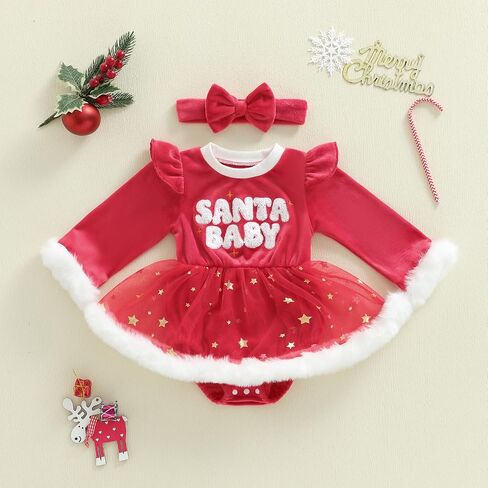 Baby Girl Christmas Outfit Newborn Infant Long Sleeve Romper Dress with Headband in Saudi Arabia