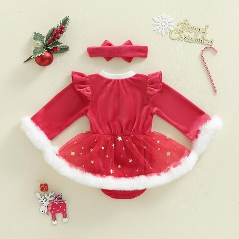 Baby Girl Christmas Outfit Newborn Infant Long Sleeve Romper Dress with Headband in Saudi Arabia