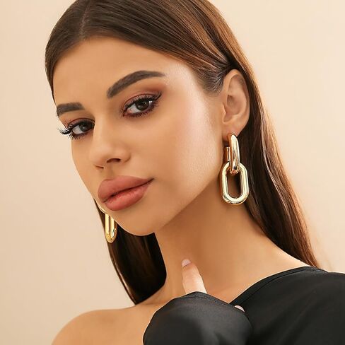 Chunky Gold Hoop Earrings for Women Gold Plated Convertible Link Symmetrical Paperclip Chain Earrings Hypoallergenic Pierced Earrings Jewelry for Women in Kuwait