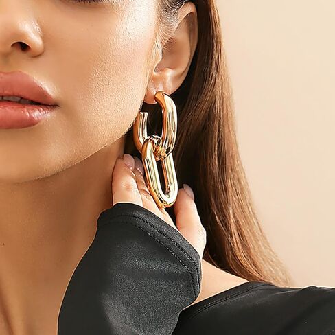Chunky Gold Hoop Earrings for Women Gold Plated Convertible Link Symmetrical Paperclip Chain Earrings Hypoallergenic Pierced Earrings Jewelry for Women in Kuwait