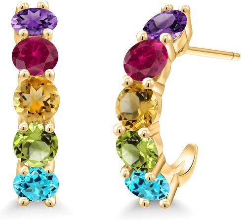 Gem Stone King 18K Yellow Gold Plated Silver Customized and Personalized 5 Round 4.5MM Gemstone Birthstone Open Hoop Earrings For Women in Saudi Arabia