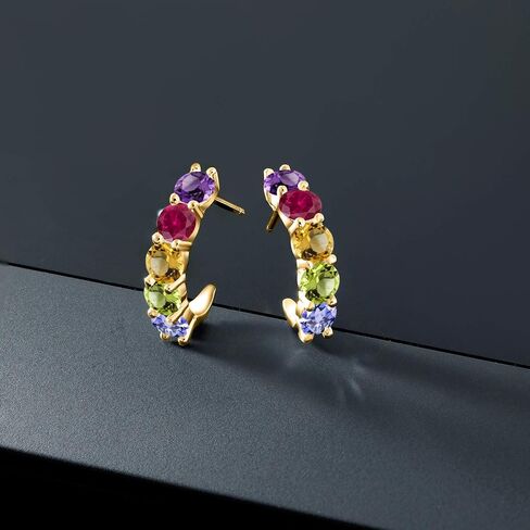 Gem Stone King 18K Yellow Gold Plated Silver Customized and Personalized 5 Round 4.5MM Gemstone Birthstone Open Hoop Earrings For Women in Saudi Arabia