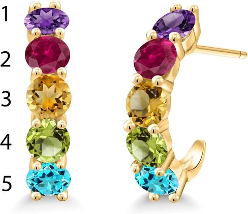 Gem Stone King 18K Yellow Gold Plated Silver Customized and Personalized 5 Round 4.5MM Gemstone Birthstone Open Hoop Earrings For Women in Saudi Arabia