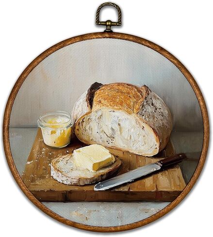 BCUANGD Vintage Sourdough Bread Round Wall Art Decor - Retro Food Still Life Wall Art Canvas Frame Artwork Prints, Rustic Country Bakery Round Wall Hanging Decorations for Kitchen Home, 10"x10" in Kuwait