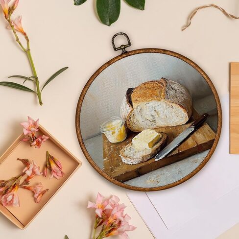 BCUANGD Vintage Sourdough Bread Round Wall Art Decor - Retro Food Still Life Wall Art Canvas Frame Artwork Prints, Rustic Country Bakery Round Wall Hanging Decorations for Kitchen Home, 10"x10" in Kuwait