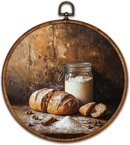 BCUANGD Vintage Sourdough Bread Round Wall Art Decor - Retro Food Still Life Wall Art Canvas Frame Artwork Prints, Rustic Country Bakery Round Wall Hanging Decorations for Kitchen Home, 10"x10" in Kuwait