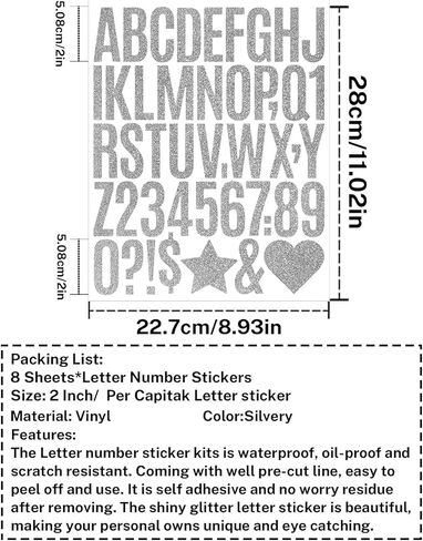 2 Inch Letter Stickers, 376 Pieces Shiny Self Adhesive Alphabet Number Sticker for Mailbox, Door, Truck and Outdoor, Waterproof Sticky Vinyl Symbol Stickers for DIY(8 Sheet Silver,Glitter) in Saudi Arabia