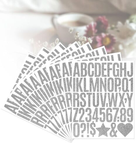 2 Inch Letter Stickers, 376 Pieces Shiny Self Adhesive Alphabet Number Sticker for Mailbox, Door, Truck and Outdoor, Waterproof Sticky Vinyl Symbol Stickers for DIY(8 Sheet Silver,Glitter) in Saudi Arabia