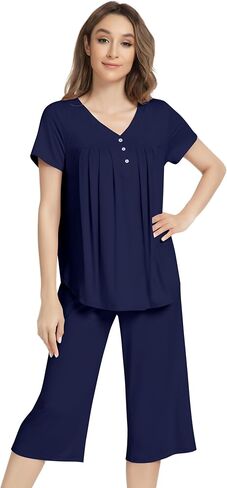 NACHILA Women's Pajamas Set-Viscose Made from Bamboo, Short Sleeve Pjs Soft Capri Pants Pajamas Cool Sleepwear for Ladies in Saudi Arabia