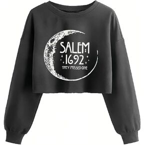 Women's Witch Salem 1692 They Missed One Crop Sweatshirt Fall Halloween Moon Graphic Lantern Long Sleeve Holiday Pullover Top(XXL,Grey 2) in Saudi Arabia