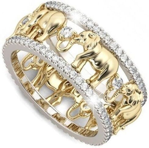 925 Sterling Silver Cubic Zirconia Yellow Gold Beautiful Elephant Animal Ring Lucky Elephant Ring (7) in Saudi Arabia