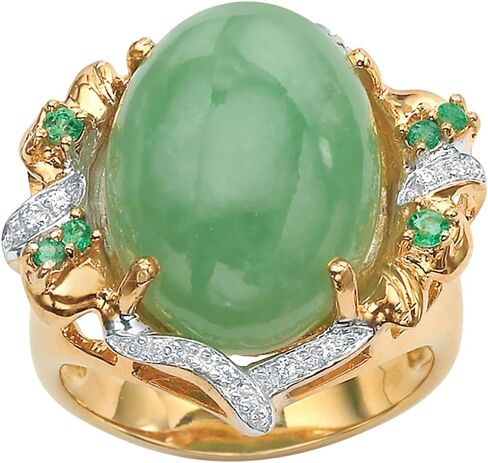 PalmBeach Yellow Gold-plated Sterling Silver Oval Shaped Genuine Green Jade and Round Genuine Emeralds and Cubic Zirconia Ring Sizes 7-11 in Saudi Arabia