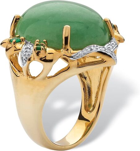 PalmBeach Yellow Gold-plated Sterling Silver Oval Shaped Genuine Green Jade and Round Genuine Emeralds and Cubic Zirconia Ring Sizes 7-11 in Saudi Arabia