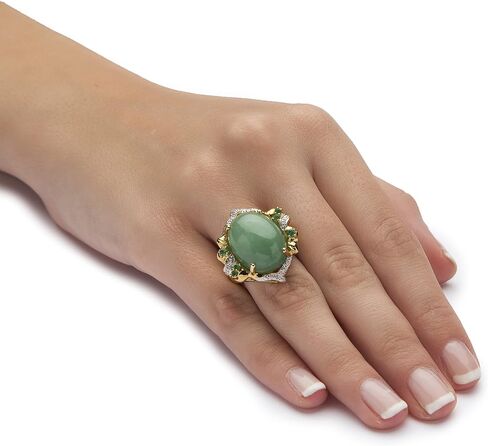 PalmBeach Yellow Gold-plated Sterling Silver Oval Shaped Genuine Green Jade and Round Genuine Emeralds and Cubic Zirconia Ring Sizes 7-11 in Saudi Arabia