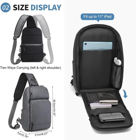 Men's Sling Bag, Convertible Anti Theft Sling Backpack, 11" One Shoulder Crossbody Backpack with USB Charging Port for Working Travel Daily, Dark Grey in Saudi Arabia