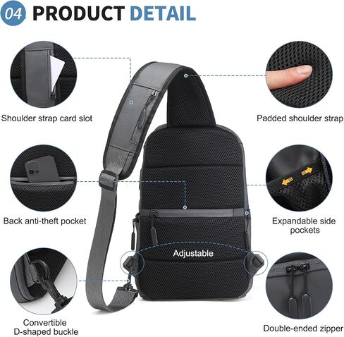 Men's Sling Bag, Convertible Anti Theft Sling Backpack, 11" One Shoulder Crossbody Backpack with USB Charging Port for Working Travel Daily, Dark Grey in Saudi Arabia