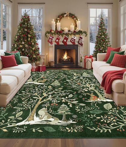 garveehome عيد الميلاد منطقة البساط 5x7، عيد الميلاد الغابات الخضراء السجاد لغرفة الطعام حصيرة الكلمة تحت الطاولة مع عدم الانزلاق دعم طباعة الحيوان لينة عطلة السجاد لغرفة النوم الحضانة ديكور المهرجان in Kuwait