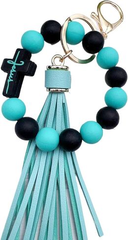 Beaded Keychain Wristlet Silicone Cross Elastic Wrist Key Ring Tassel Bangle Key Chains for Car Key Bracelet Women in Saudi Arabia