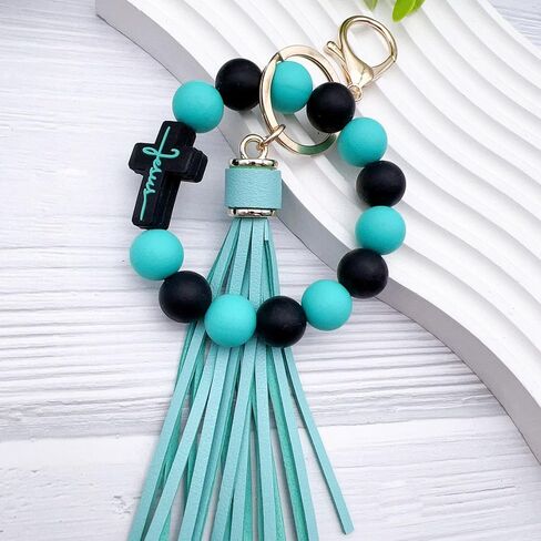 Beaded Keychain Wristlet Silicone Cross Elastic Wrist Key Ring Tassel Bangle Key Chains for Car Key Bracelet Women in Saudi Arabia