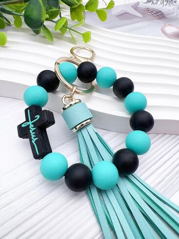 Beaded Keychain Wristlet Silicone Cross Elastic Wrist Key Ring Tassel Bangle Key Chains for Car Key Bracelet Women in Saudi Arabia