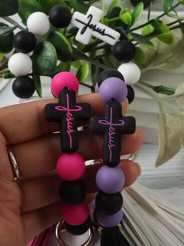Beaded Keychain Wristlet Silicone Cross Elastic Wrist Key Ring Tassel Bangle Key Chains for Car Key Bracelet Women in Saudi Arabia