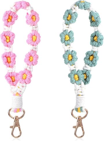 سلسلة مفاتيح مكرامية للنساء، حبل معصم بوهو مصنوع يدويًا مع حامل حلقة مفاتيح، سلسلة مفاتيح على شكل زهرة لطيفة للفتيات، سلسلة مفاتيح معصم قابلة للتعديل للمفاتيح وسلاسل المفاتيح للنساء اللطيفة in Kuwait