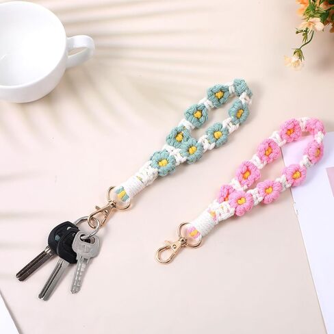 سلسلة مفاتيح مكرامية للنساء، حبل معصم بوهو مصنوع يدويًا مع حامل حلقة مفاتيح، سلسلة مفاتيح على شكل زهرة لطيفة للفتيات، سلسلة مفاتيح معصم قابلة للتعديل للمفاتيح وسلاسل المفاتيح للنساء اللطيفة in Kuwait