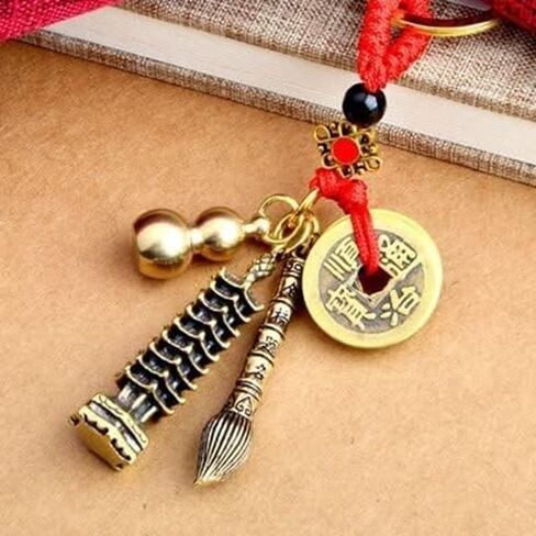 Generic Good Luck Charms, Lucky Coins for Women Men Good Luck Gifts for Him Her To get accepted to dream school. 黄铜五帝钱做旧文昌塔钥匙扣挂件 Key chain pendant 手工编制空心葫芦装朱砂金榜题名挂件, Gold, Red in Saudi Arabia