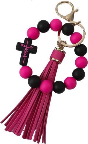 Beaded Keychain Wristlet Silicone Cross Elastic Wrist Key Ring Tassel Bangle Key Chains for Car Key Bracelet Women in Saudi Arabia