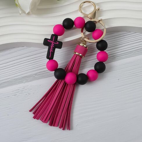 Beaded Keychain Wristlet Silicone Cross Elastic Wrist Key Ring Tassel Bangle Key Chains for Car Key Bracelet Women in Saudi Arabia