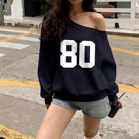 Graphic Sweatshirts for Teen Girl Oversized Off The Shoulder Sweatshirt Y2k Jersey Top Number 80 Streetwear Pullover in Saudi Arabia