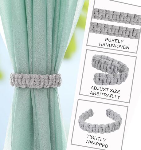 Farmhouse Curtain Tiebacks Boho, 2Pcs Grey Boho Curtain Ties Backs Lightweight & Handmade, Rustic Style Decorative Accessories for Home Office Bedroom Indoor & Outdoor, Grey in Kuwait