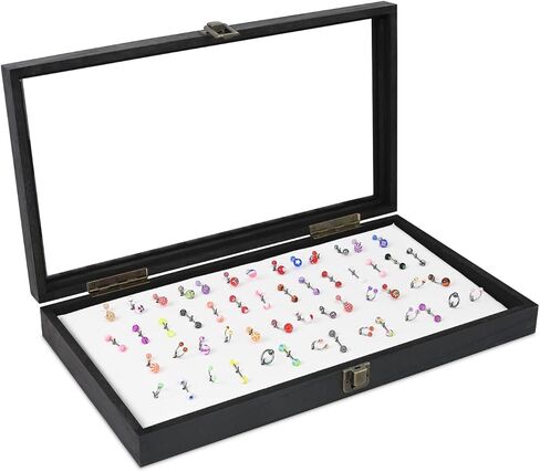MOOCA Temper Glass Top Jewelry Display Case with Tempered Glass Lid and 54 Clip Body Jewelry Showcase Display Pad for Belly Button Rings, Tongue Rings, and Industrial Barbell Organizer, Brown Color in Kuwait