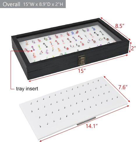 MOOCA Temper Glass Top Jewelry Display Case with Tempered Glass Lid and 54 Clip Body Jewelry Showcase Display Pad for Belly Button Rings, Tongue Rings, and Industrial Barbell Organizer, Brown Color in Kuwait