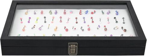 MOOCA Temper Glass Top Jewelry Display Case with Tempered Glass Lid and 54 Clip Body Jewelry Showcase Display Pad for Belly Button Rings, Tongue Rings, and Industrial Barbell Organizer, Brown Color in Kuwait