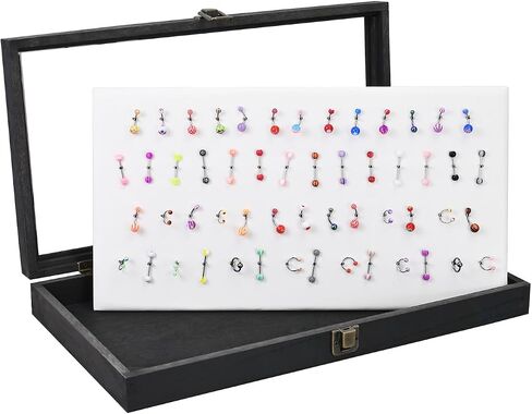 MOOCA Temper Glass Top Jewelry Display Case with Tempered Glass Lid and 54 Clip Body Jewelry Showcase Display Pad for Belly Button Rings, Tongue Rings, and Industrial Barbell Organizer, Brown Color in Kuwait