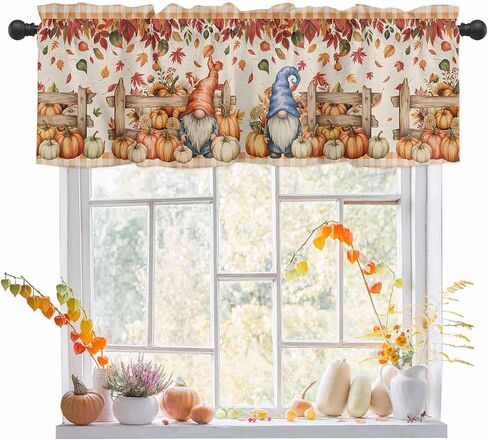 Fall Thanksgiving Curtain Valances Pumpkin Gnomes Valance for Kitchen Windows Retro Farmhouse Maple Leaves Rod Pocket Valance Curtains for Living Room Bedroom Small Windows Home Decor 42x12in in Saudi Arabia