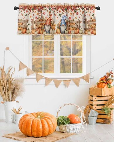 Fall Thanksgiving Curtain Valances Pumpkin Gnomes Valance for Kitchen Windows Retro Farmhouse Maple Leaves Rod Pocket Valance Curtains for Living Room Bedroom Small Windows Home Decor 42x12in in Saudi Arabia