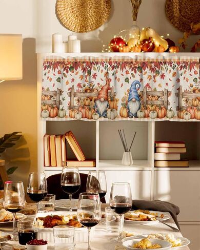 Fall Thanksgiving Curtain Valances Pumpkin Gnomes Valance for Kitchen Windows Retro Farmhouse Maple Leaves Rod Pocket Valance Curtains for Living Room Bedroom Small Windows Home Decor 42x12in in Saudi Arabia