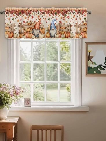 Fall Thanksgiving Curtain Valances Pumpkin Gnomes Valance for Kitchen Windows Retro Farmhouse Maple Leaves Rod Pocket Valance Curtains for Living Room Bedroom Small Windows Home Decor 42x12in in Saudi Arabia